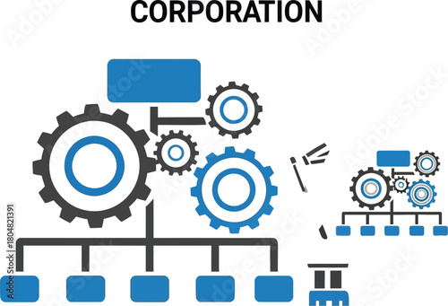 Business organization structure with interconnected gears and departments