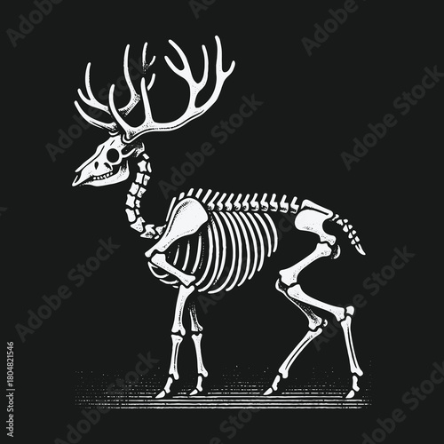 Vintage anatomical illustration of a complete deer skeleton with large antlers on a dark background.