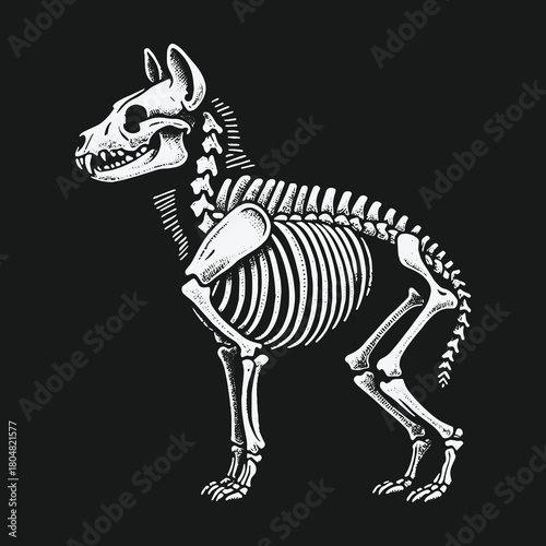 Detailed anatomical illustration of a dog skeleton on black background.