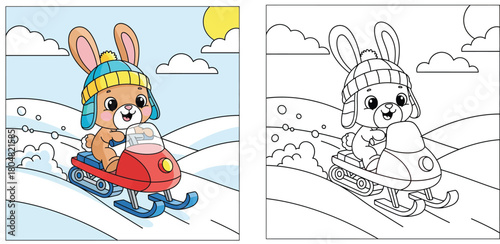 Coloring book page for kids with cute cartoon rabbit riding a snowmobile. Winter sport activity vector illustration. Color reference and black and white outline.