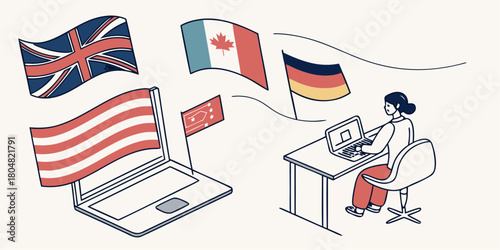 language, learning, online, education, study, global, international, culture, book, laptop, technology, modern, communication, translation, translate, german, french, english, british, flag, country, 