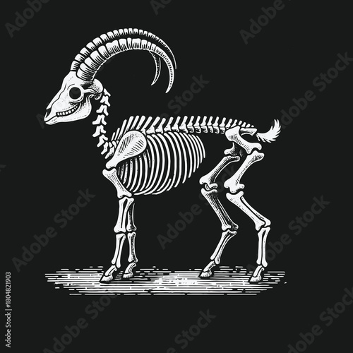 Anatomical illustration of a goat skeleton in a vintage engraving style.
