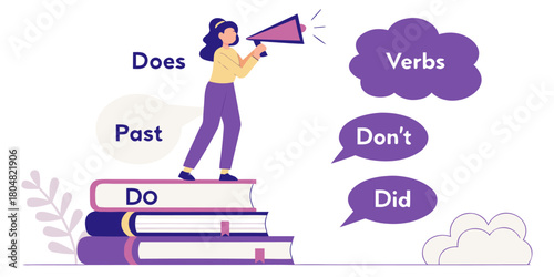 Empowering learning with engaging English grammar lessons, a teacher with a megaphone, and stacked books for a fun educational experience