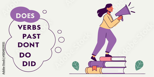 Empowered learner sharing knowledge, stepping up on books with megaphone, teaching verbs, perfect for education, language learning, and grammar concepts