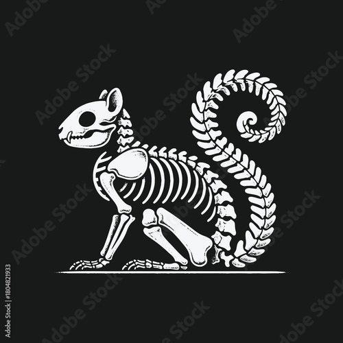 Stylized white squirrel skeleton illustration on a solid black background.