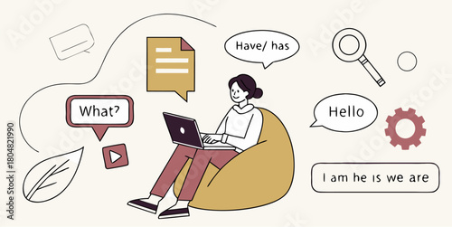 Engaging English lesson with tutor and online resources, grammar concepts, modern learning, digital education, approachable style for schools and students