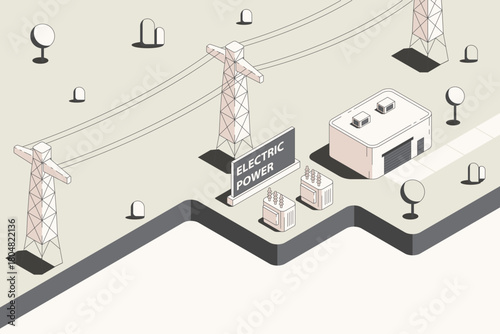 Electric Power, Smart Electric Grid, High-Voltage Power Network in isometric graphic