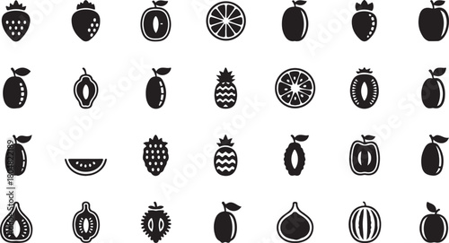 Collection of fruit icons in simple monochrome style food design