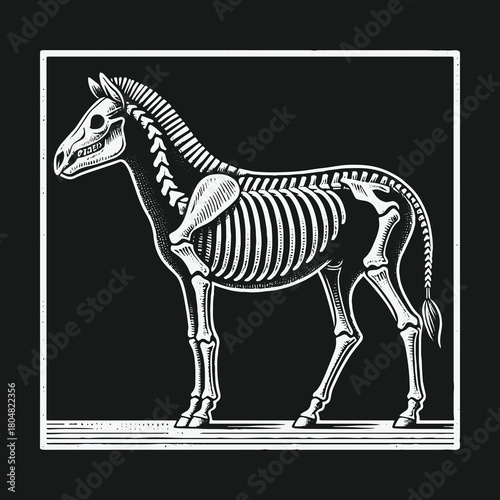 Anatomical Illustration of a Zebra Skeleton Profile View.