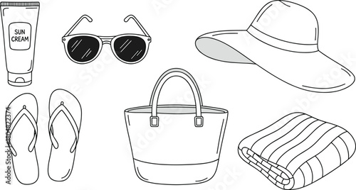 PrintBeach essentials illustration including sun cream, sunglasses, hat, flip-flops, bag, and towel, simple summer line art design for vacation themed artwork