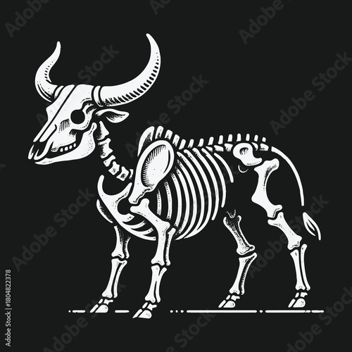 Monochrome illustration of a bull skeleton side view on a black background.