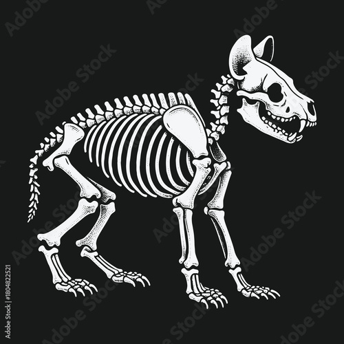 Detailed anatomical illustration of a hyena skeleton side view.