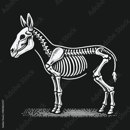 Detailed black and white engraving of a donkey skeleton.