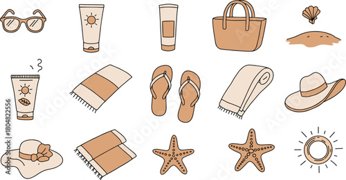 PrintBeach vacation essentials illustration featuring sunscreen, sunglasses, flip flops, towels, hats, starfish, beach bag, and summer accessories in warm minimalist style