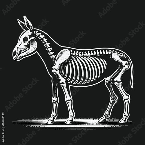 Monochrome vintage engraving of a donkey skeleton anatomy.