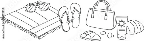 PrintBeach vacation essentials illustration featuring towel, sunglasses, flip-flops, bag, sunscreen, seashells, and summer accessories drawn in clean minimal line art style