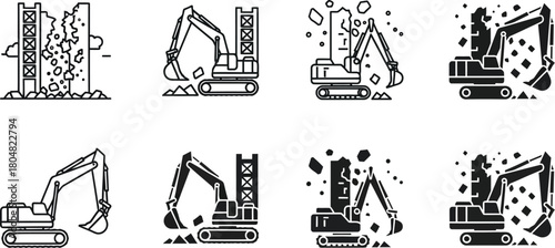 Excavator demolishes concrete structure, clearing debris with powerful hydraulic arm