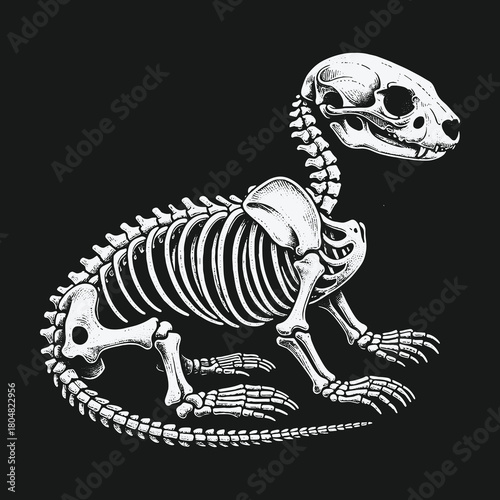 Monochrome anatomical illustration of a small mammal skeleton on a black background.