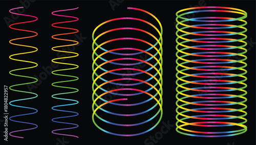 Set of Colorful Spiral and Wavy Springs in Multiple Shapes on Dark Background
