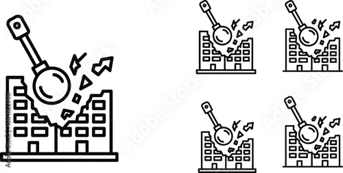 Demolition ball smashing into a building, causing destruction and debris