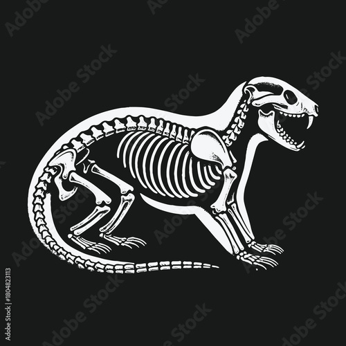 Detailed white skeleton illustration of a rodent animal on a dark background.