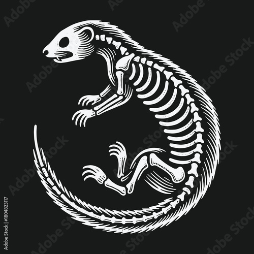 Monochrome illustration of a ferret skeleton curled up.
