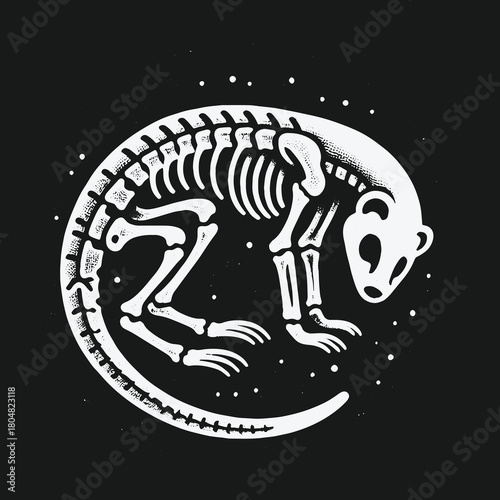 Stylized Ferret Skeleton Illustration Curled in a Circle.