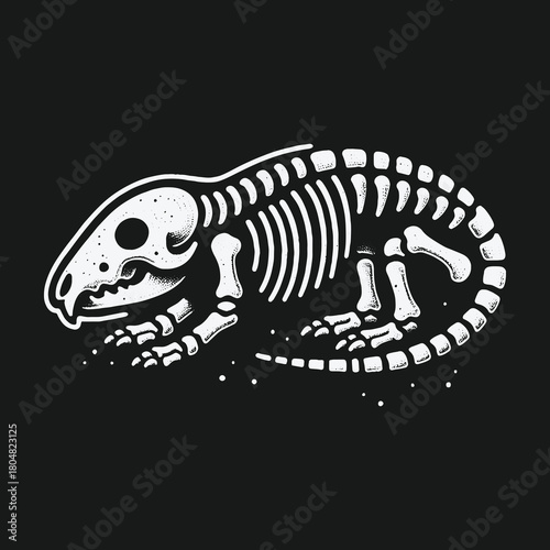Stylized white skeleton illustration of a small rodent on a black background.