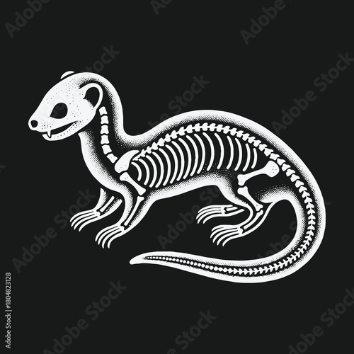 White ferret skeleton anatomical illustration on black background.