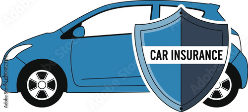 Blue car protected by a shield symbolizing car insurance coverage