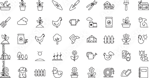 Garden and Farm Icons Collection in Black and White Outlined Style