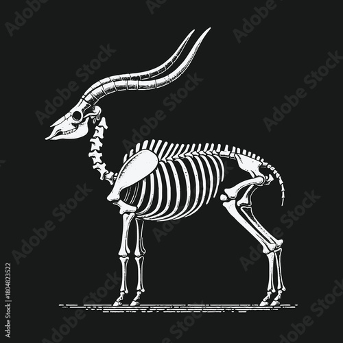 Vintage anatomical illustration of a gazelle skeleton side view.