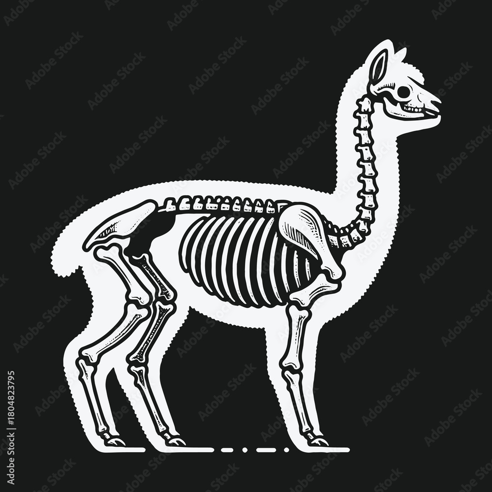 Naklejka premium Llama skeleton anatomical illustration on a dark background.