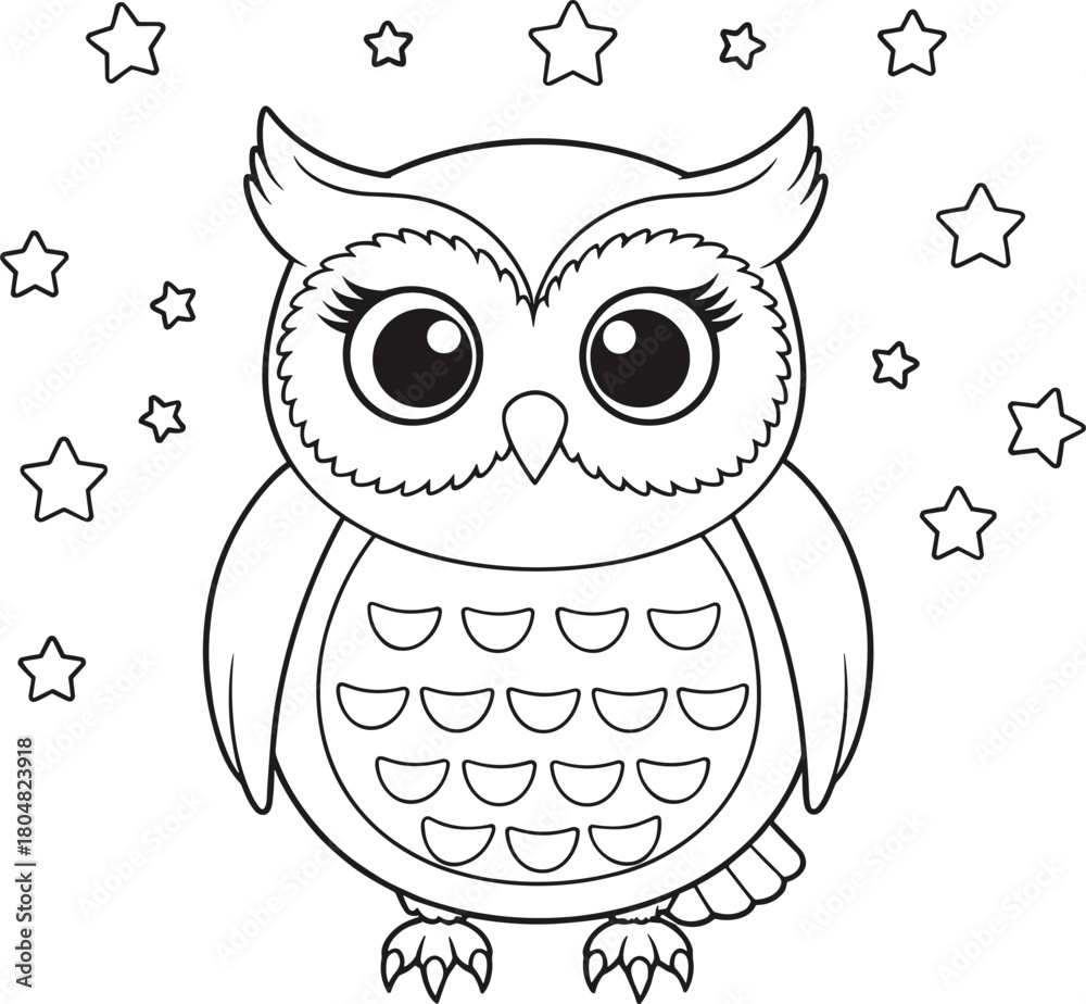 Fototapeta premium PrintCute owl illustration, whimsical night scene, adorable cartoon bird artwork, starry sky background, kids coloring page style, charming forest animal design