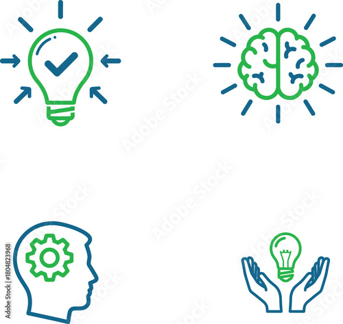Creative Idea Generation Concept with Lightbulbs Brain and Cogwheel representing innovation brainstorming problem solving and knowledge transfer for business and self improvement