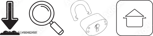 Black and White Icon Set: Arrow, Magnifying Glass, Unlocked Padlock, Home Symbol