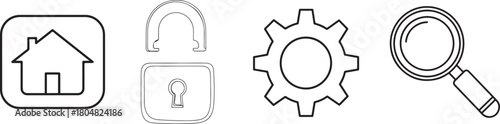 Outline Icons: House, Unlocked Padlock, Gear, Magnifying Glass