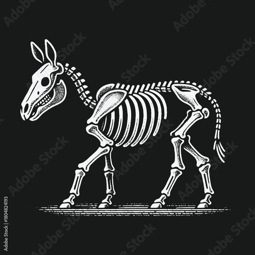 Vintage Engraving Style Illustration of a Donkey Skeleton.