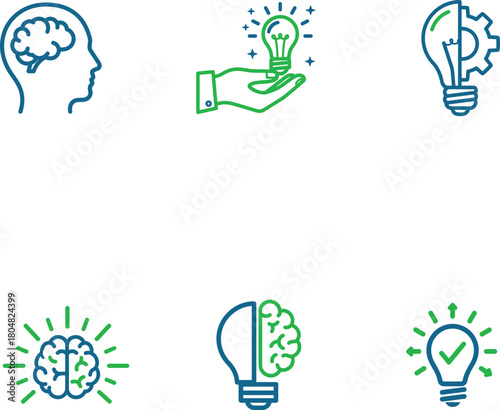 Creative thinking and idea generation graphic illustration concept for business and personal development in blue and green with lightbulbs and brains