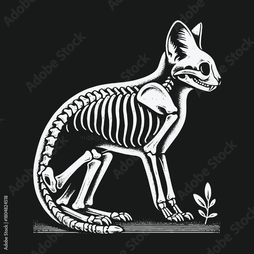 Vintage style black and white illustration of a cat skeleton.
