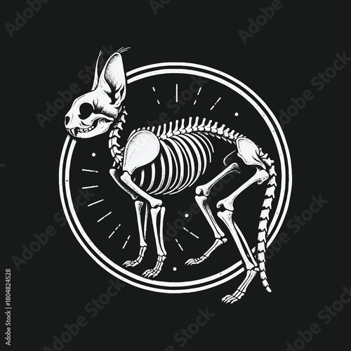 Monochrome illustration of a cat skeleton within a circular emblem.