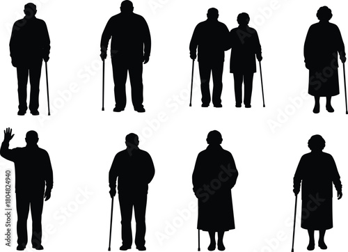 Set of black silhouettes of elderly men and women standing with walking sticks, isolated on white background vector.