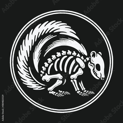 Skunk skeleton illustration in a circular frame design on a black background.