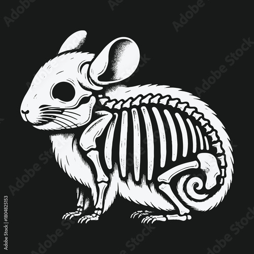Stylized black and white illustration of a chinchilla with a visible skeleton.