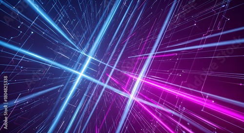 Fototapeta Naklejka Na Ścianę i Meble -  Abstract digital background with glowing blue and pink light trails representing data flow and network connections in a futuristic cyberspace.