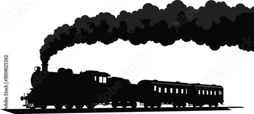 Steam train silhouette, passenger cars, black smoke, vintage locomotive, railway transport, travel, historic, engine, wheels, smokestack, classic, transportation, rail, illustration, motion, 