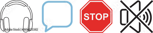 Outline Icons: Headphones, Chat Bubble, Stop Sign, Mute Symbol