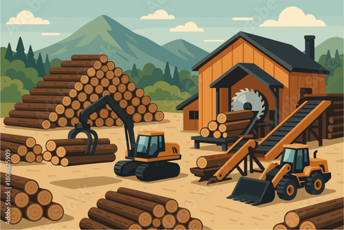 Lumber Yard and Timber Processing Industrial Illustration