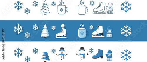 Whimsical winter icons with snowflakes, ice skates, snowmen, and hot drinks evoke festive holiday cheer.