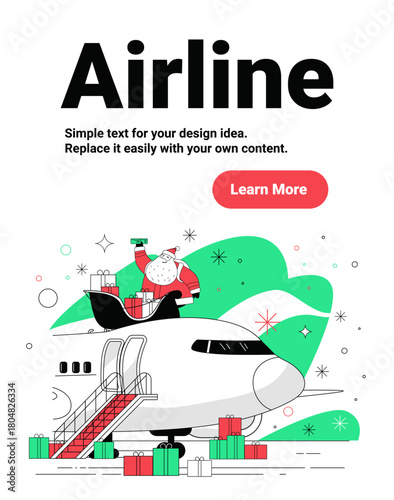Santa Christmas airline holiday travel gifts airplane festive scene with Santa standing on jet surrounded by presents green abstract background website banner